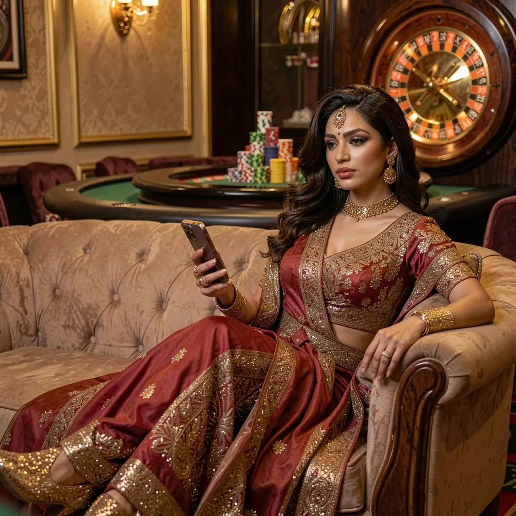 Stylish Bangladeshi woman relaxing on a luxury sofa while using the 930K COM casino app with a glowing roulette wheel in the background