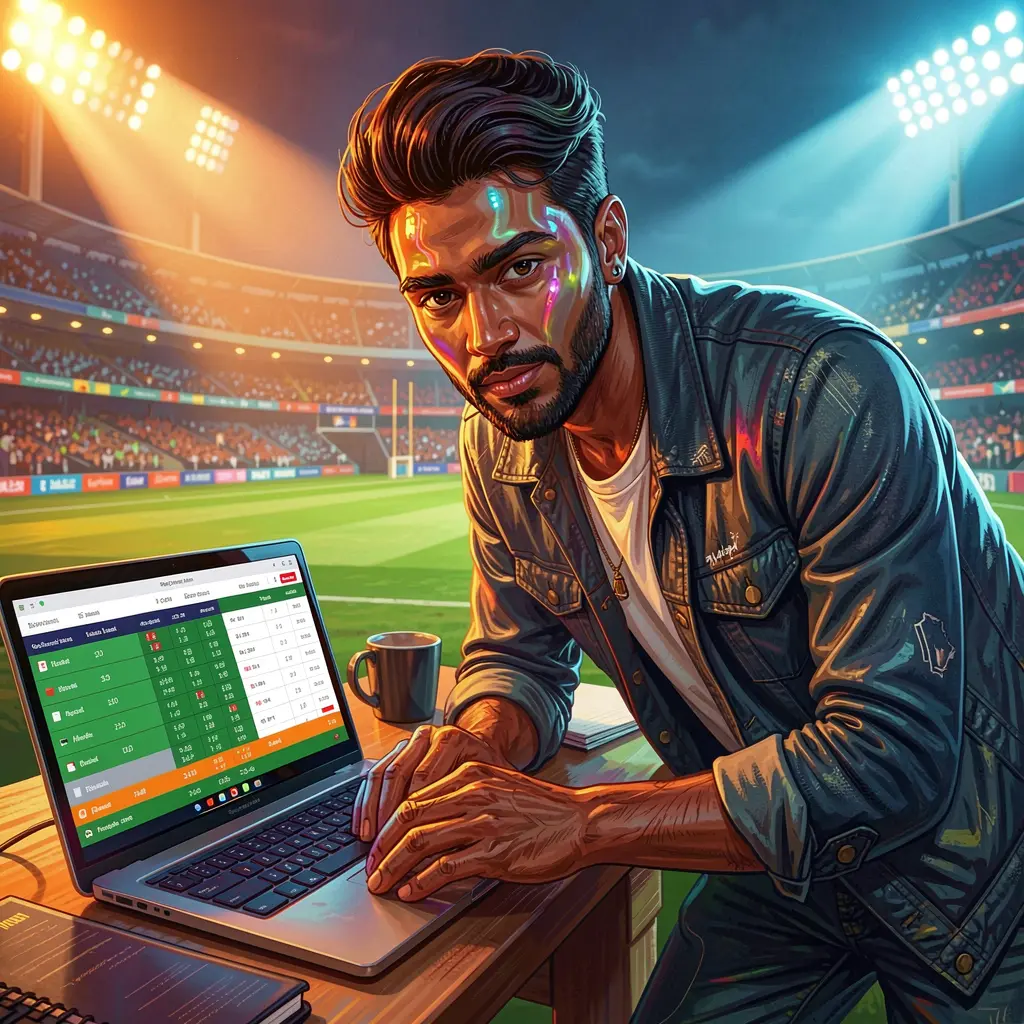 Focused Bangladeshi sports bettor analyzing live cricket odds on a laptop in a dynamic stadium atmosphere using the 930K COM betting platform