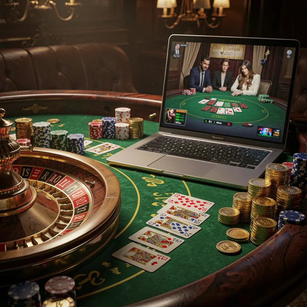 Elegant online roulette scene with stacked casino chips and a spinning wheel displayed on a laptop, highlighting the premium gaming atmosphere of 930K COM for players in Bangladesh