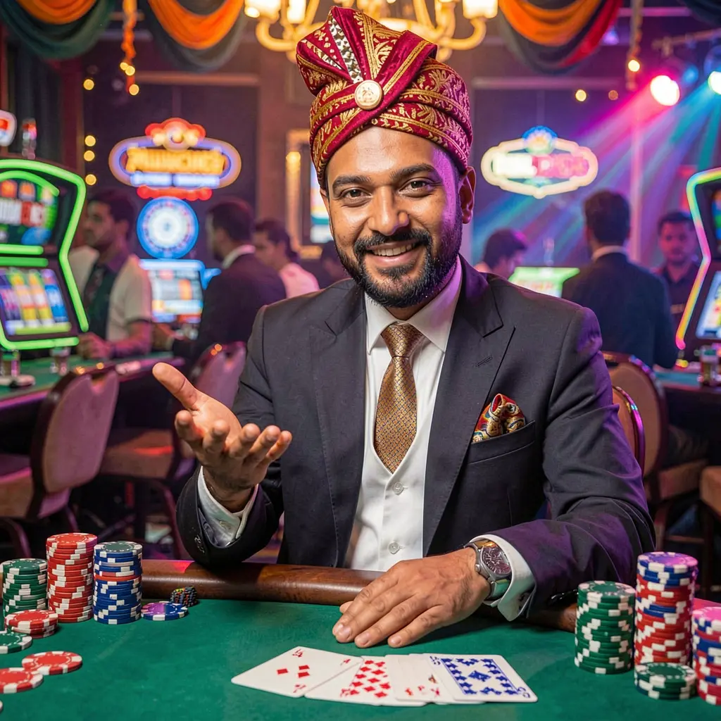 Welcoming Bangladeshi casino dealer inviting players to sign in at a vibrant table with chips and cards on the 930K COM platform